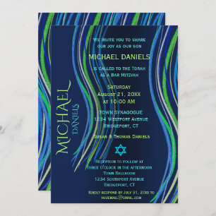 Convites Bar Mitzvah Blue e Green Prayer Shawl
