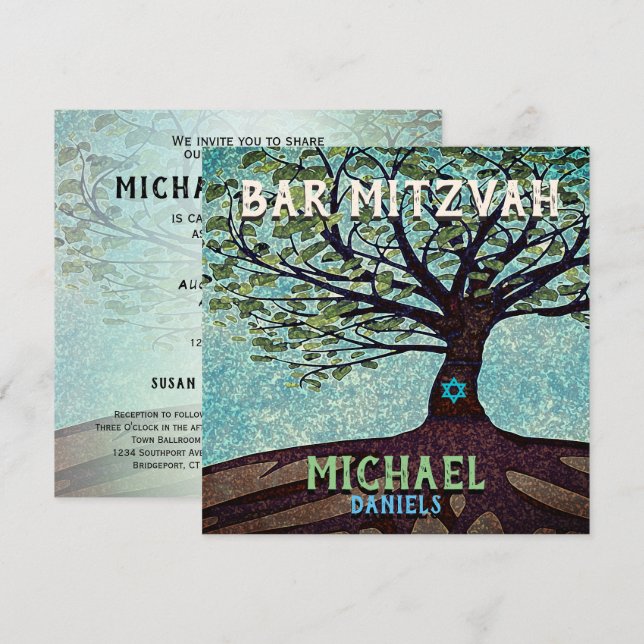 Convites Bar Mitzvah Blue e Green Tree of Life (Frente/Verso)