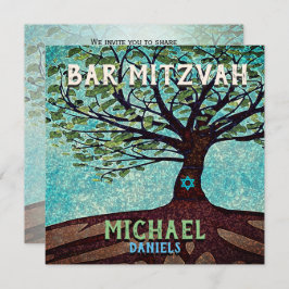 Convites Bar Mitzvah Blue e Green Tree of Life