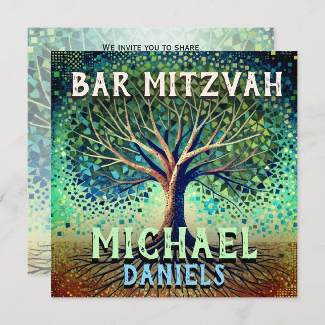 Convites Bar Mitzvah Blue e Green Tree of Life (Frente/Verso)