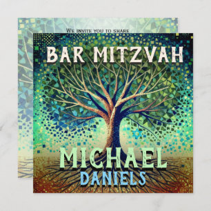 Convites Bar Mitzvah Blue e Green Tree of Life