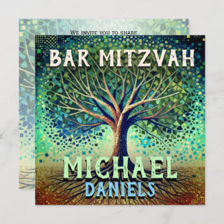 Convites Bar Mitzvah Blue e Green Tree of Life