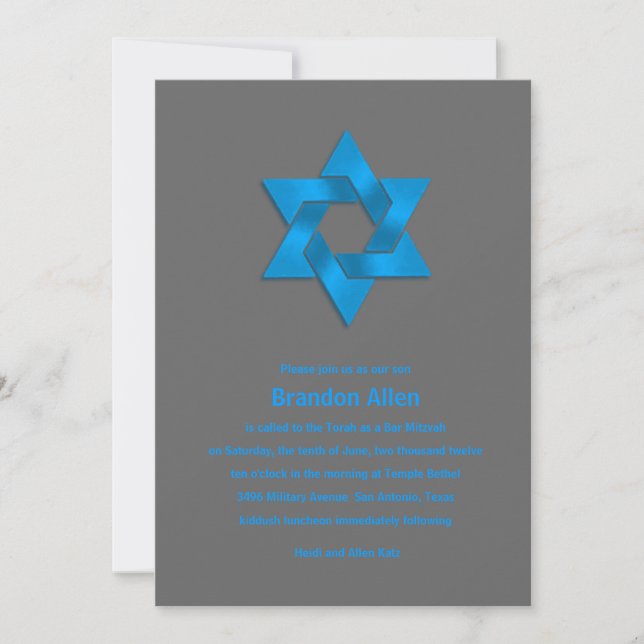 Convites Bar Mitzvah Blue na Cinza, Estrela de David (Frente)