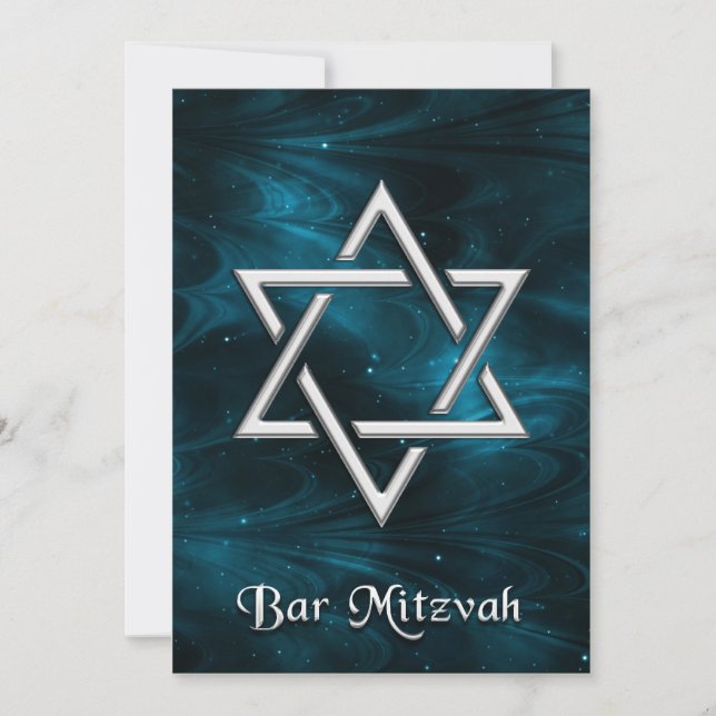 Convites Bar Mitzvah Blue Nebulae & Silver Star de David (Frente)
