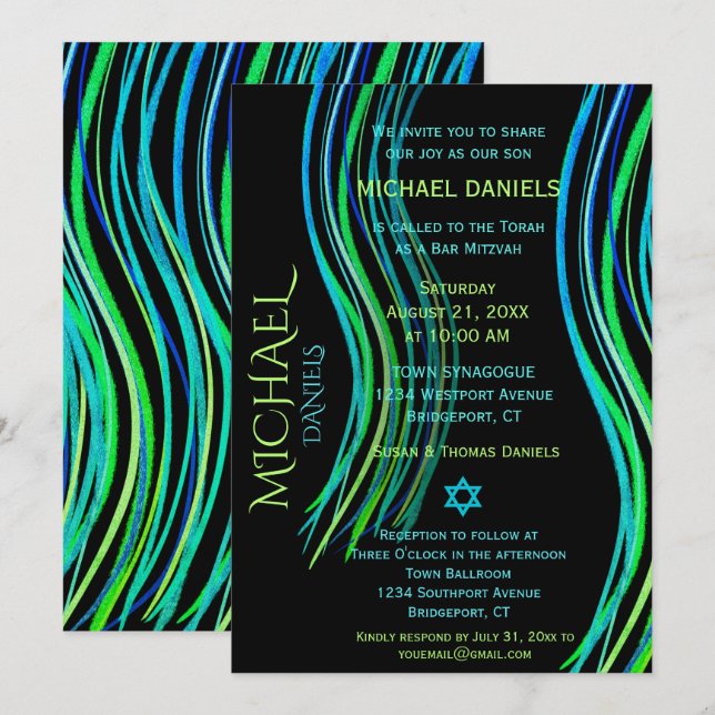 Convites Bar Mitzvah Blue Neon Green Prayer Shawl (Frente/Verso)
