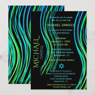 Convites Bar Mitzvah Blue Neon Green Prayer Shawl