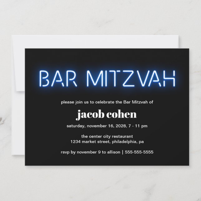 Convites Bar Mitzvah Blue Neon Lights (Frente)