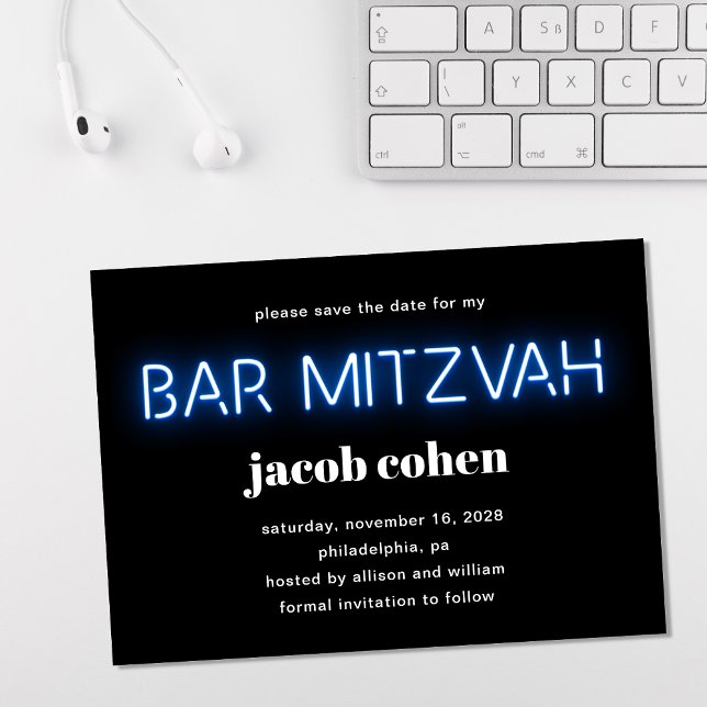 Convites Bar Mitzvah Blue Neon Lights Salva A Data (Criador carregado)