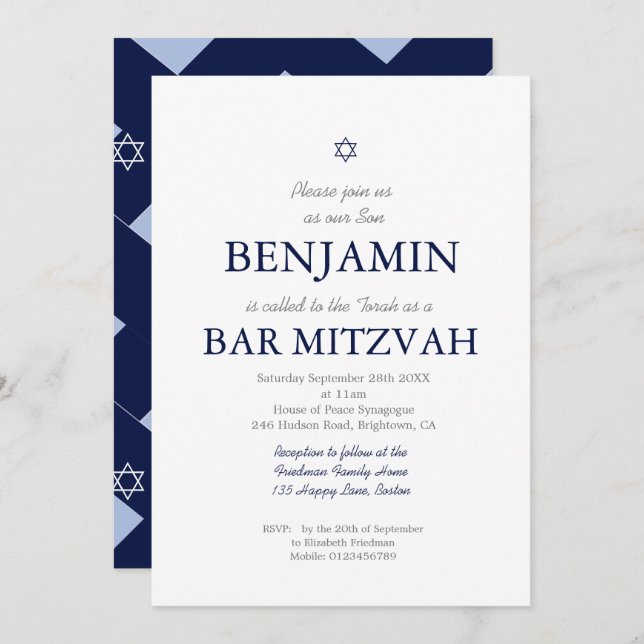 Convites Bar Mitzvah Blue Pattern Star de David Jewish (Frente/Verso)