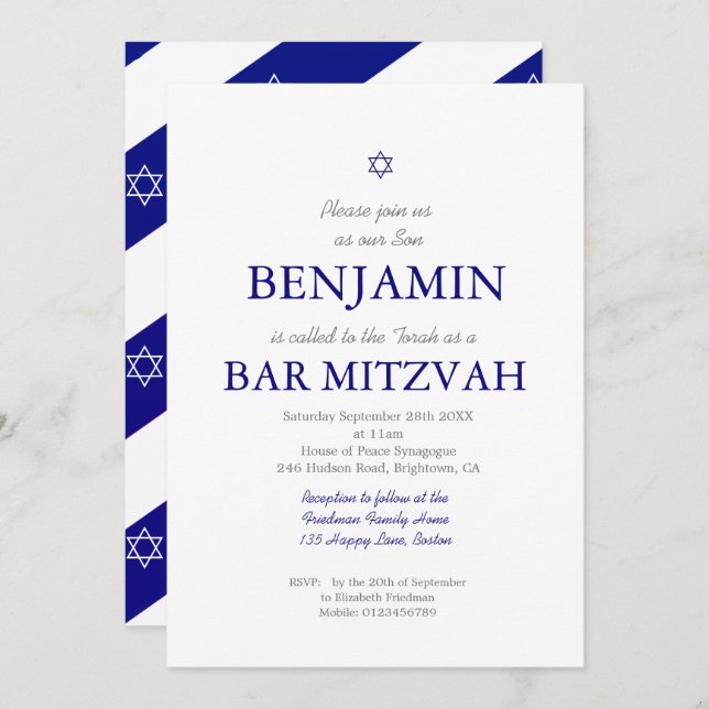 Convites Bar Mitzvah Blue Pattern Star de David Jewish I (Frente/Verso)