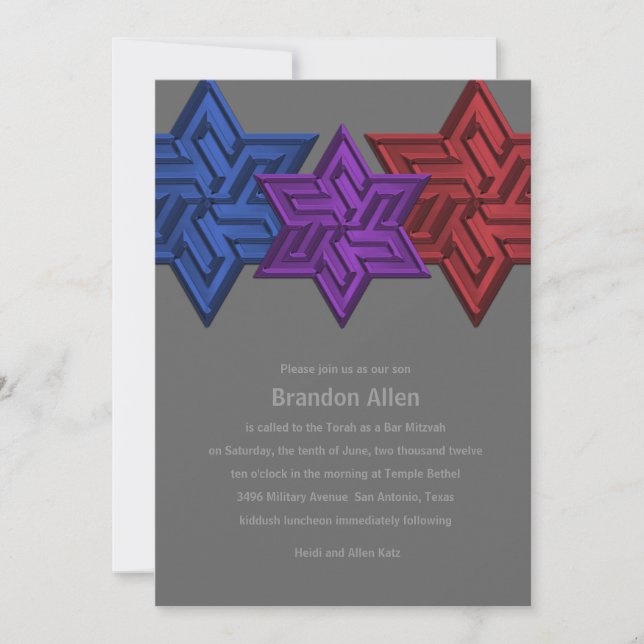 Convites Bar Mitzvah Blue Purple e Red Star de David (Frente)