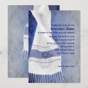 Convites Bar Mitzvah Blue White Star de David Tallit