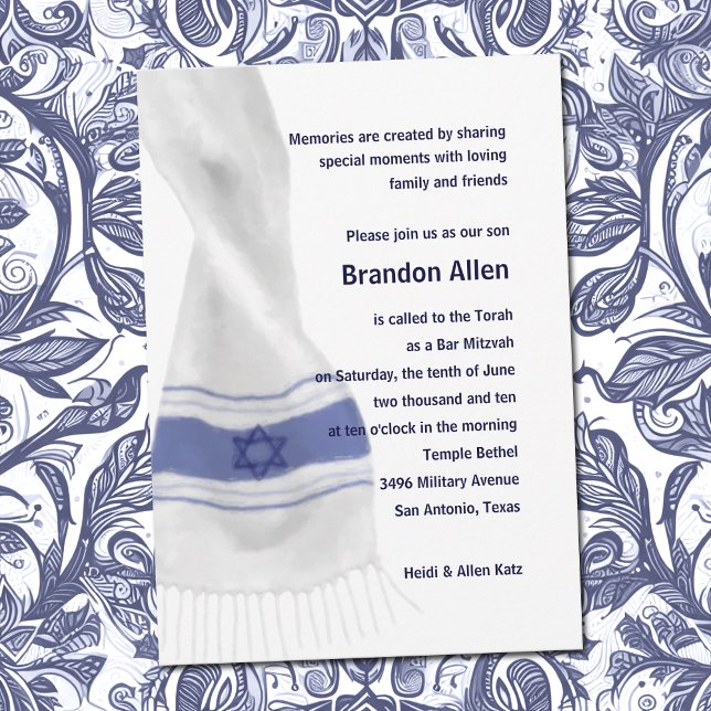 Convites Bar Mitzvah Blue White Star de David Tallit (Criador carregado)