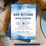 Convites Bar Mitzvah Bold Moderno Tipografia Marinho Azul F<br><div class="desc">Tenha orgulho, alegria e mostre este marco do seu Bar favorito Mitzvah! Enviar este convite legal, único, moderno e personalizado para um evento que se lembre. Traços de pincel de folha azul-clara metálico, juntamente com tipografia azul-marinho e estrela de David, sobrepõem um plano de fundo branco simples. Personalize o texto...</div>