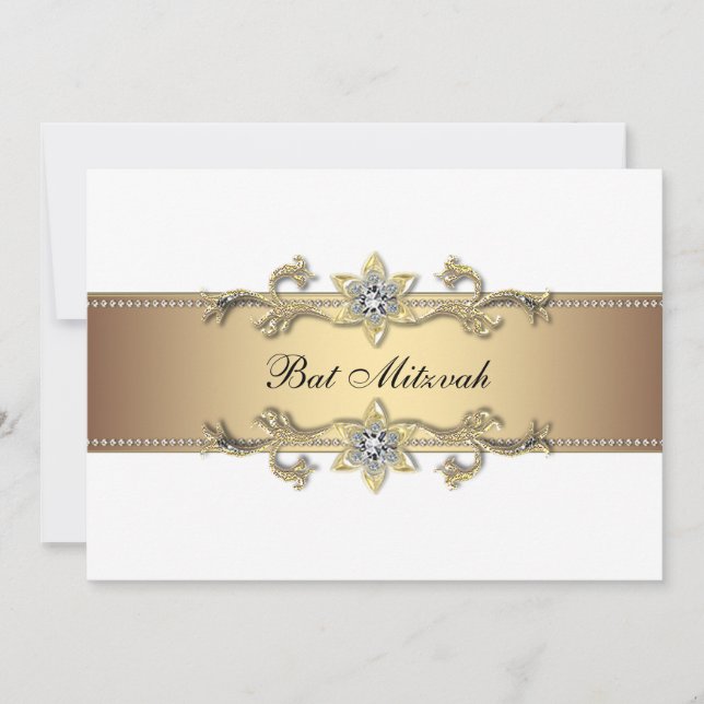Convites Bar Mitzvah Branco e Dourado (Frente)