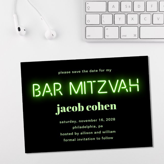 Convites Bar Mitzvah Brilhante Luzes Néon Verde Salvem A Da (Criador carregado)