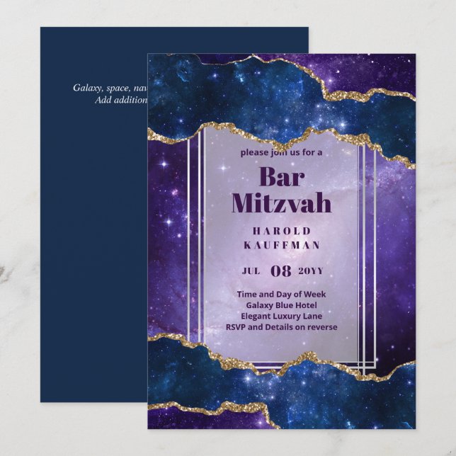 Convites BAR MITZVAH CARDS Celestial CÉus Azul Galáxia Dour (Frente/Verso)