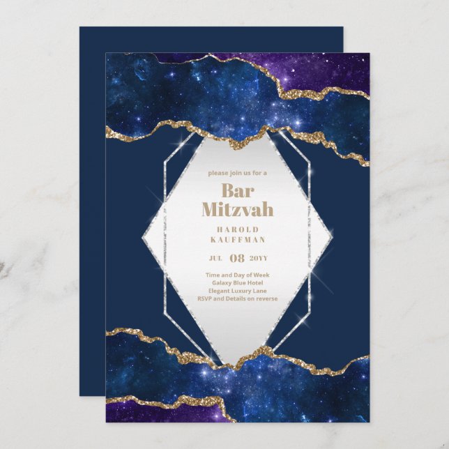Convites BAR MITZVAH CARDS Celestial CÉus Azul Galáxia Dour (Frente/Verso)