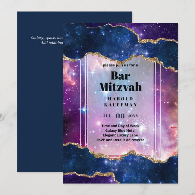 Convites BAR MITZVAH CARDS Celestial CÉus Azul Galáxia Dour (Frente/Verso)