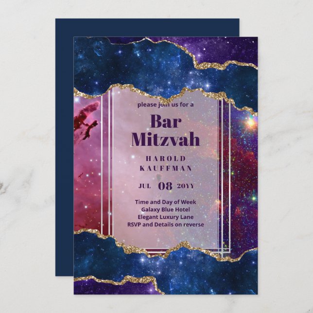 Convites BAR MITZVAH CARDS Celestial CÉus Azul Galáxia Dour (Frente/Verso)