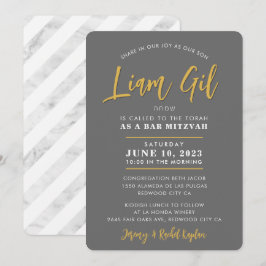 Convites BAR MITZVAH cinza de caligrafia moderna ouro faux