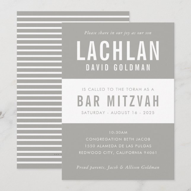Convites BAR MITZVAH, cinza de tipografia mínima moderna (Frente/Verso)