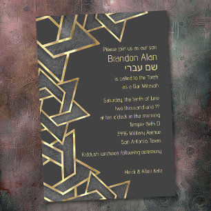 Convites Bar Mitzvah Cinza Escura Estrela Dourada de David
