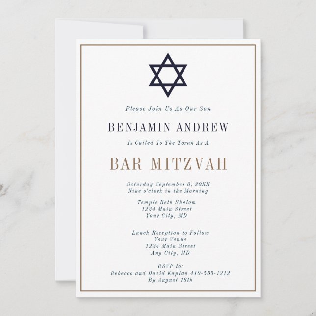 Convites Bar Mitzvah Clássico Azul Marinho Dourado Estrela  (Frente)