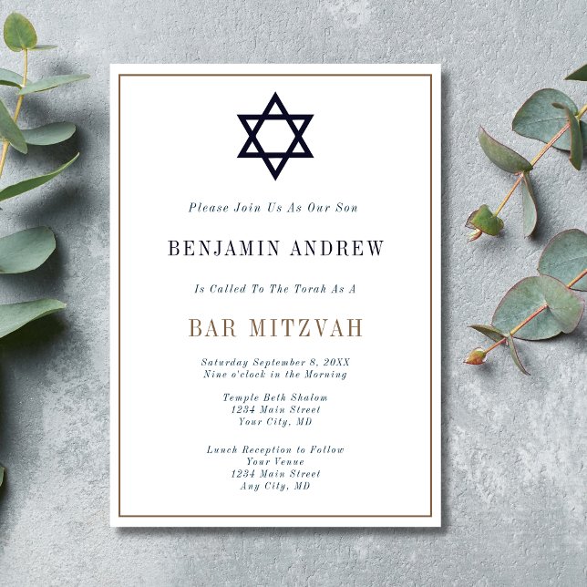 Convites Bar Mitzvah Clássico Azul Marinho Dourado Estrela  (Classic Navy Blue Gold Star of David Bar Mitzvah Invitation. Formal Traditional)