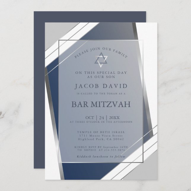 Convites Bar Mitzvah Clássico Geométrico Azul (Frente/Verso)