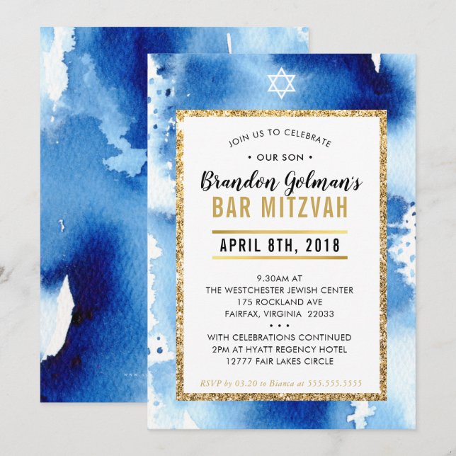 Convites BAR MITZVAH CONVIDA a moderna cor da água azul leg (Frente/Verso)