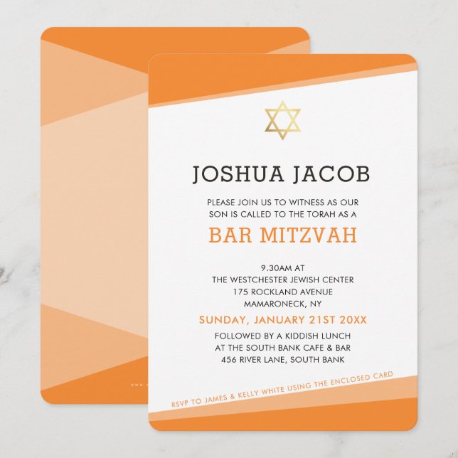Convites BAR MITZVAH CONVIDA simples laranja robusta (Frente/Verso)