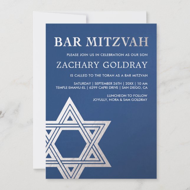 Convites Bar Mitzvah Convites| Faux Silver Foil Star (Frente)