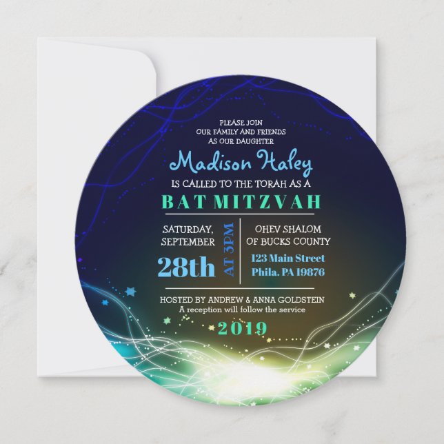 Convites Bar Mitzvah Convoca Azul para Estrelas Neon Brilha (Frente)