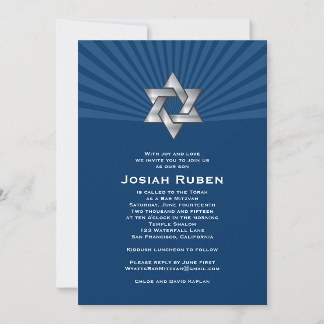 Convites Bar Mitzvah Convoca Josiah Silver Jewish Star (Frente)