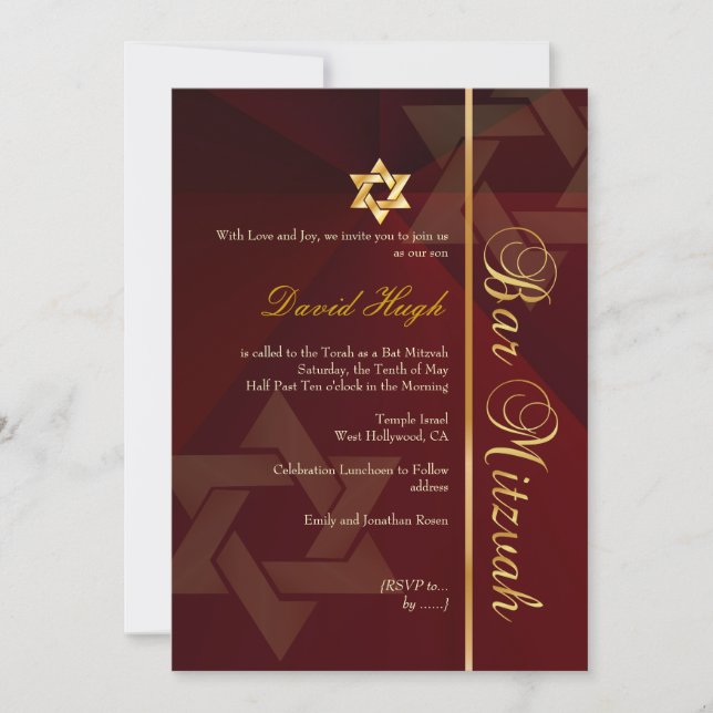 Convites Bar Mitzvah/crimson vermelho/ouro (Frente)