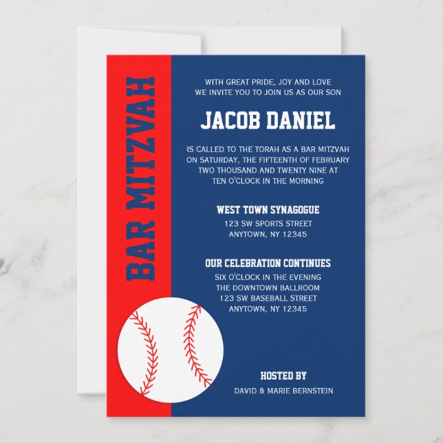 Convites Bar Mitzvah de Beisebol Azul Vermelho (Frente)