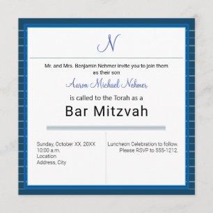 Convites Bar Mitzvah de Faixa Azul Moderna Monograma
