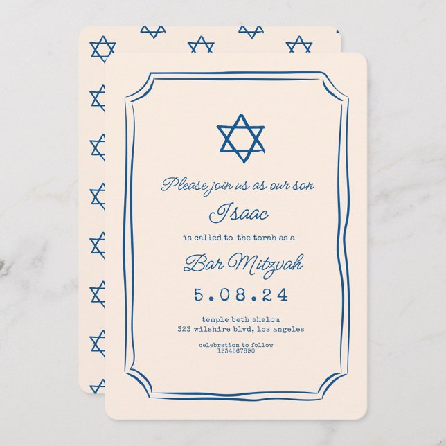 Convites Bar Mitzvah de Manuscrito Branco Azul (Criador carregado)