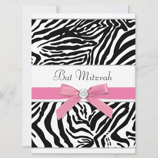 Convites Bar Mitzvah de Zebra Rosa (Frente)