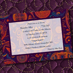 Convites Bar Mitzvah Design Abstrato Laranja Roxo