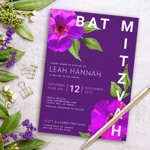 Convites Bar Mitzvah do Morcego Roxo Moderno Floral Aquarel
