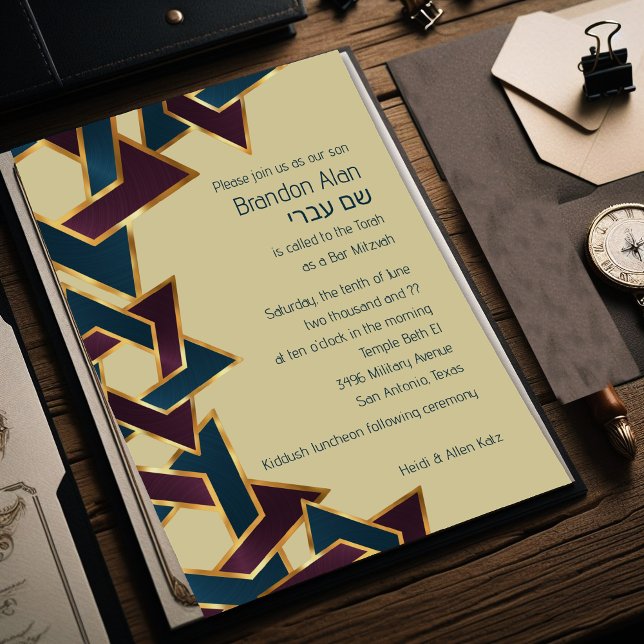 Convites Bar Mitzvah Dourada Estrela Azul Púrpura de David (Criador carregado)