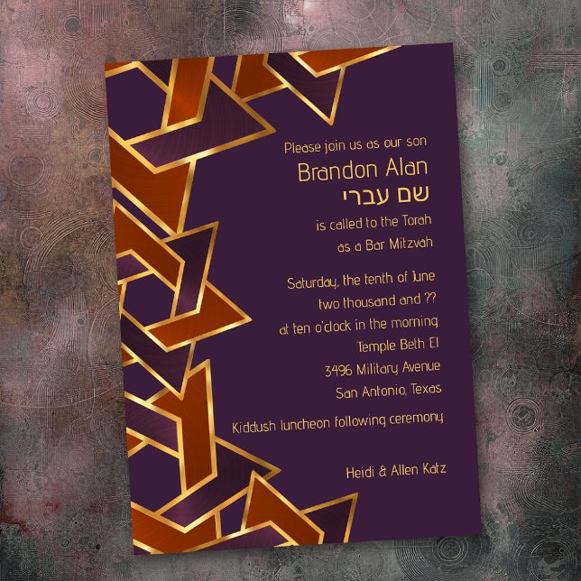 Convites Bar Mitzvah Dourada Rust Estrela Roxa de David (Criador carregado)