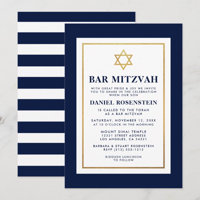 Convites Bar Mitzvah Dourado Azul e Branco Strike (Frente/Verso)