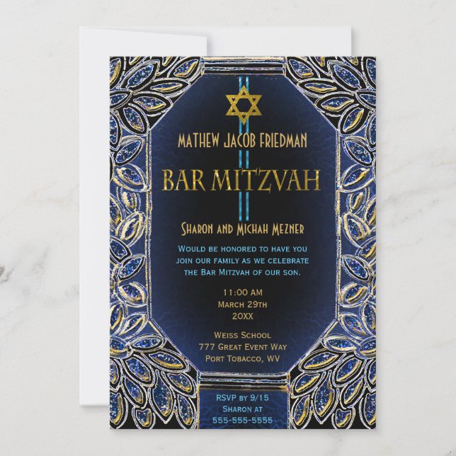 Convites Bar Mitzvah Dourado e Azul (Frente)