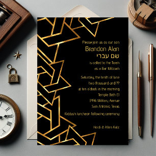 Convites Bar Mitzvah Dourado e Estrela Negra de David