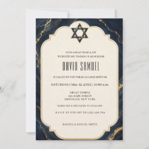 Convites Bar Mitzvah Elegante de Mármore Azul-Marinho
