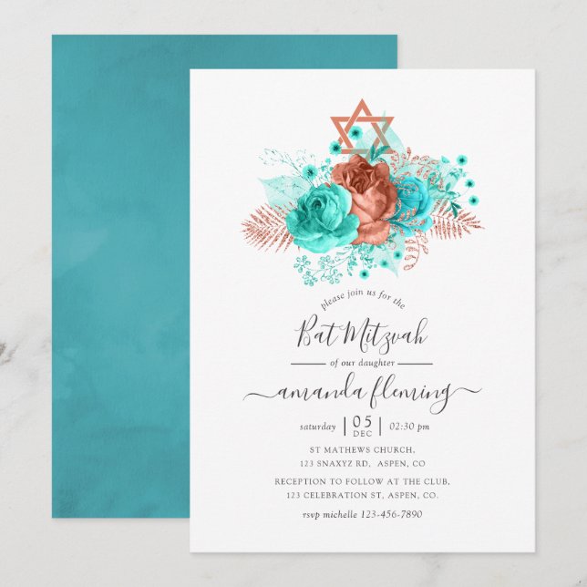 Convites Bar Mitzvah em aquarela turquesa e coral (Frente/Verso)