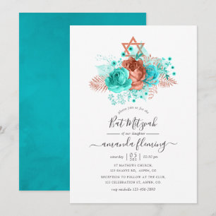 Convites Bar Mitzvah em aquarela turquesa e coral